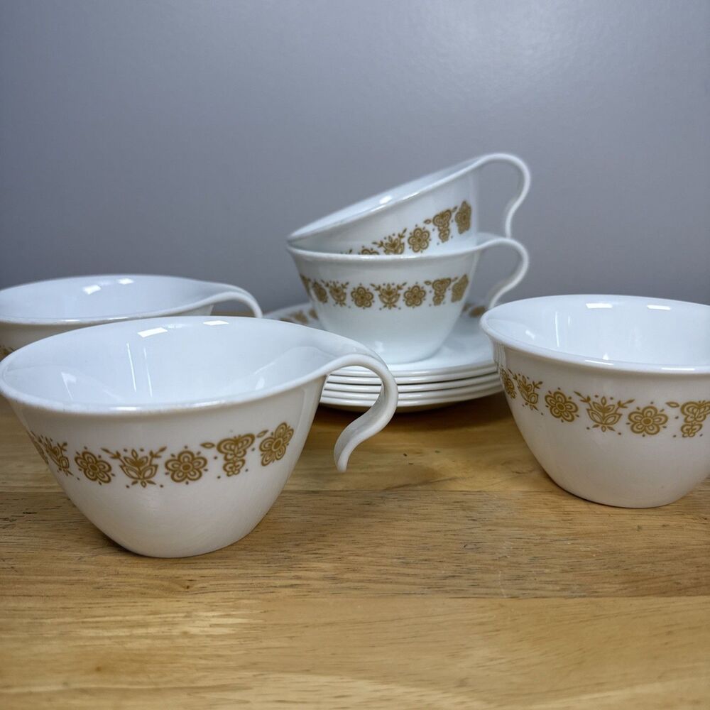 Vintage Set 5 Of Corelle Butterfly Gold Hook Handle Coffee Tea Cups & Saucers